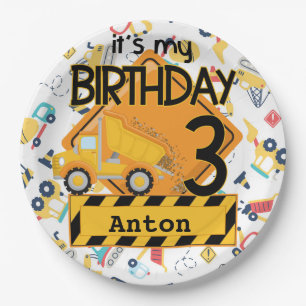 Construction yellow trucks car 3rd birthday  paper plate