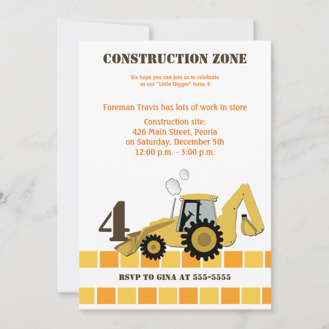 Construction Zone Backhoe Boys Birthday Invite (Front)