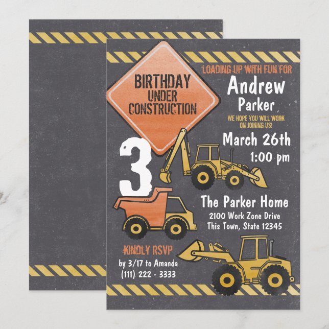 Construction Zone Birthday Chalkboard and Trucks Invitation (Front/Back)