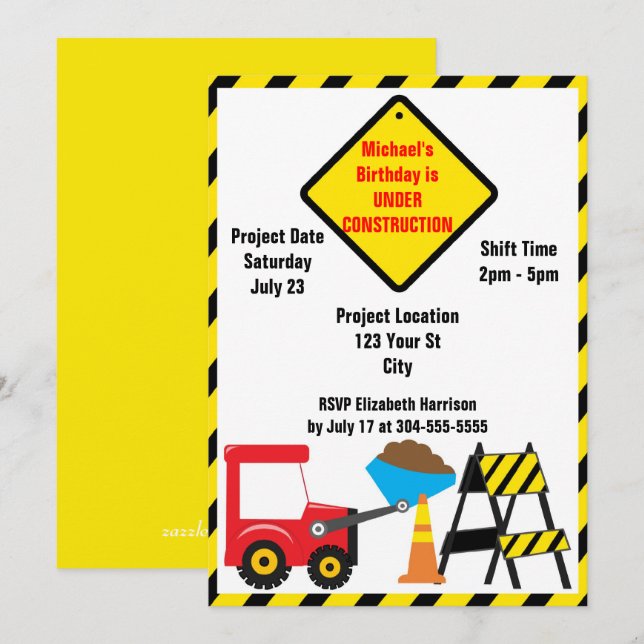 Construction Zone Birthday Invitation (Front/Back)