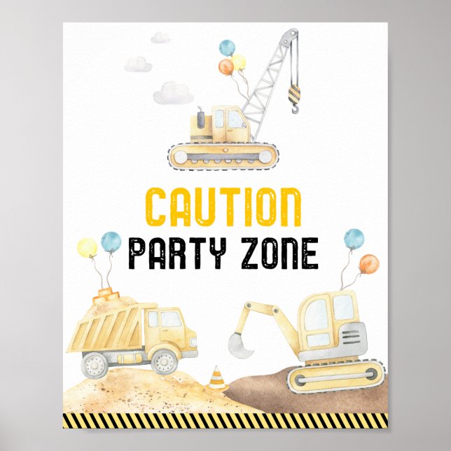 Construction Zone Dump Truck Digger Birthday Poster (Front)