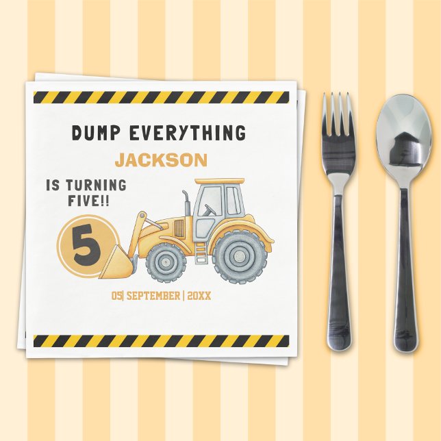"Construction Zone Party – Dump Truck 5th Birthday Napkin (Creator Uploaded)