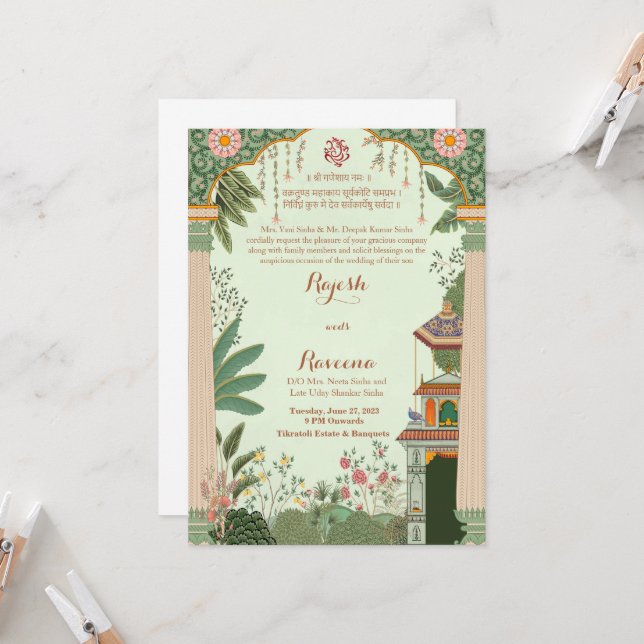 Construire une invitation Mughal Le mariage de l'i (Devant/Arrière en situation)