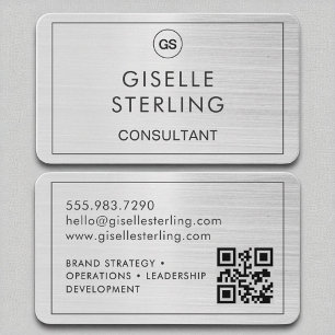 Consultant Brushed Silver Monogram QR Code Business Card