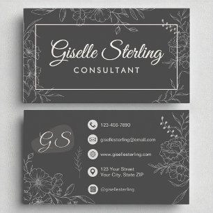 Consultant Moody Charcoal Gray Floral Script Business Card