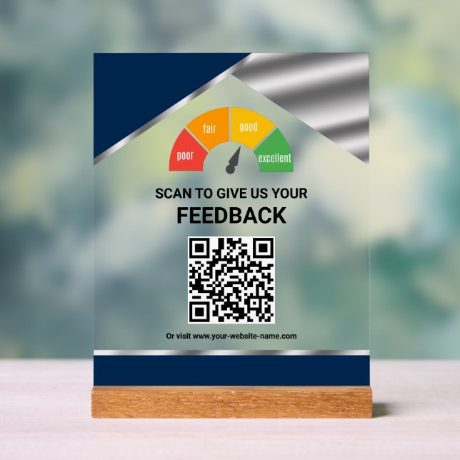 Contactless QR Code Customer Feedback Navy Blue Acrylic Sign (Neutral)