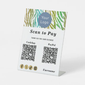 Contactless Scan to Pay, Gold Green Glitter Stripe Pedestal Sign