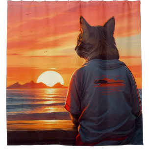 “Contemplative Cat at Sunset: Whimsical Beach Art"