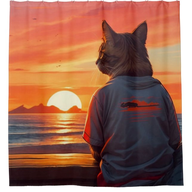 “Contemplative Cat at Sunset: Whimsical Beach Art" (Front)