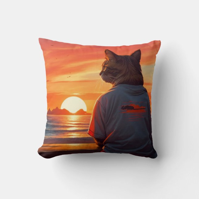 “Contemplative Cat at Sunset: Whimsical Beach Art" Throw Pillow (Front)