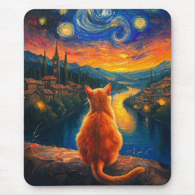 Contemplative Ginger Cat | Starry Night Sky Art Mouse Pad (Front)