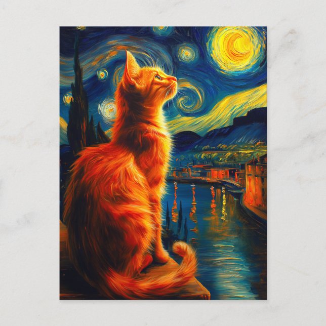 Contemplative Ginger Cat | Starry Night Sky Holiday Postcard (Front)