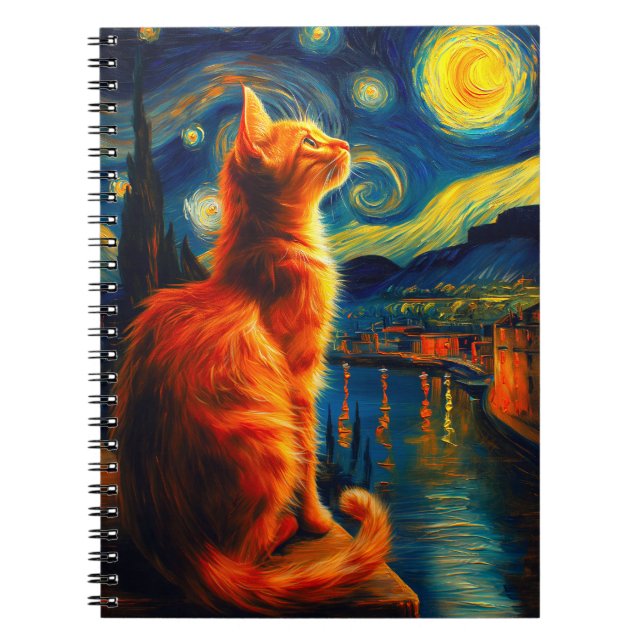 Contemplative Ginger Cat | Starry Night Sky Notebook (Front)