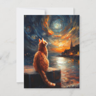 Contemplative Ginger Cat   Starry Night Sky Postcard