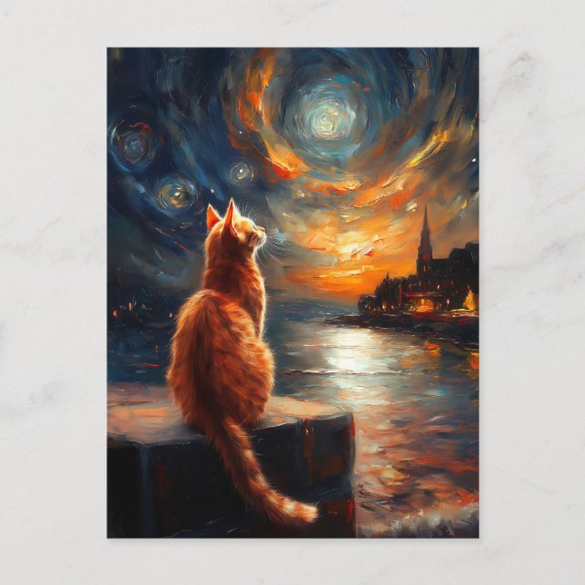 Contemplative Ginger Cat | Starry Night Sky Postcard (Front)