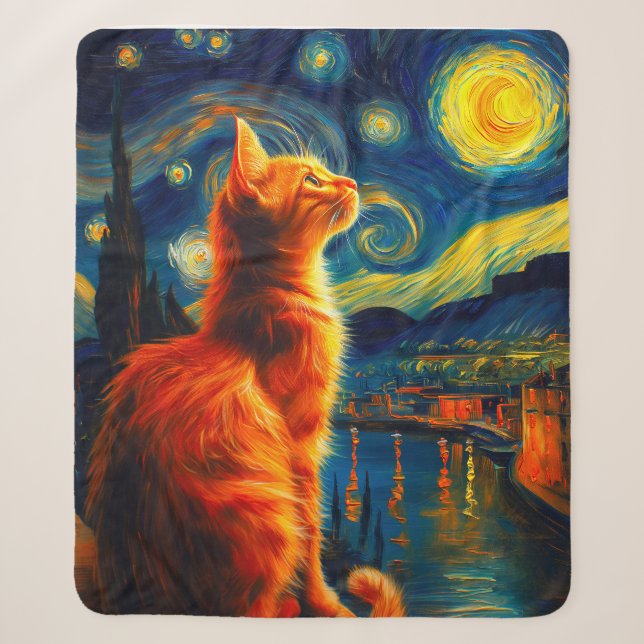 Contemplative Ginger Cat | Starry Night Sky Sherpa Blanket (Front)