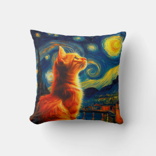 Contemplative Ginger Cat Starry Night Sky Throw Pillow
