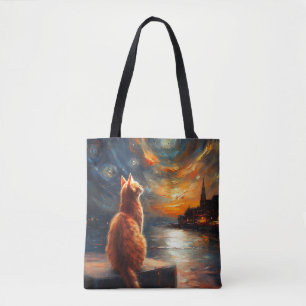 Contemplative Ginger Cat   Starry Night Sky Tote Bag