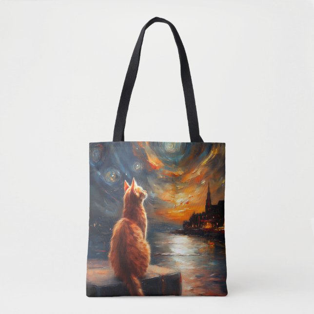 Contemplative Ginger Cat | Starry Night Sky Tote Bag (Front)