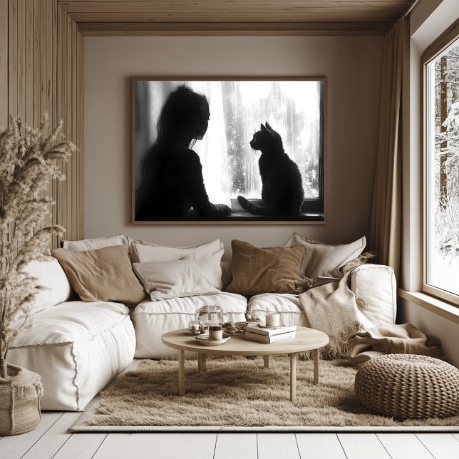 Contemplative Woman with Cat in Rain by the Window Poster (Creator Uploaded)