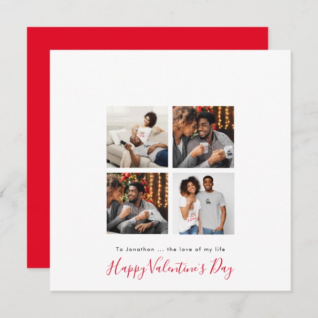 Contemporary 4 photo collage Custom Red Valentine Holiday Card (Front/Back)