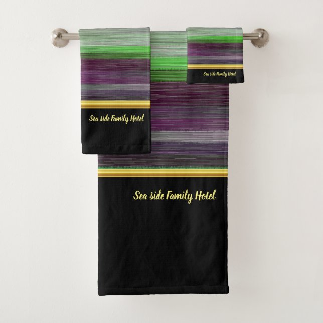 Contemporary abstract in green purple grey bath towel set (Insitu)