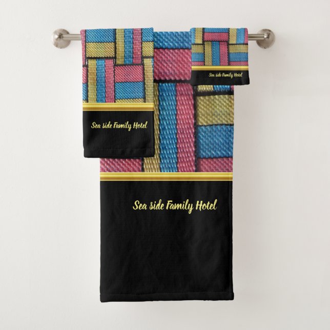 Contemporary abstract in multi colour wicker weave bath towel set (Insitu)