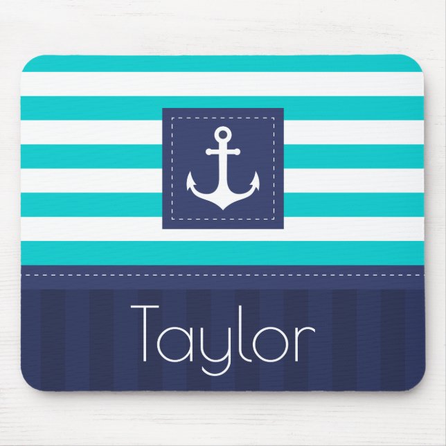 Contemporary Aqua Navy Blue Anchor Personalized Mouse Pad (Front)