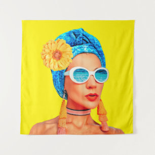 Contemporary art collage. Vacation fashion Girl Cu Tapestry