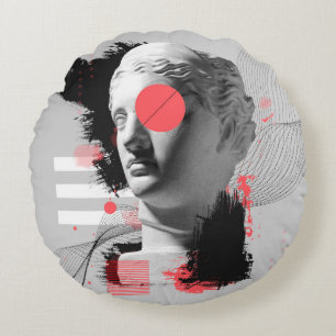 Contemporary art collage with antique statue head round pillow