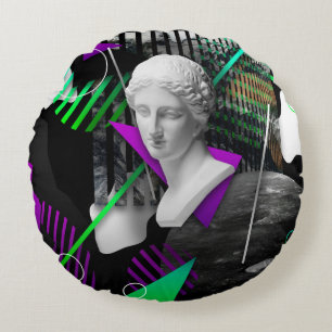 Contemporary art collage with plaster head statue round pillow