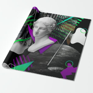 Contemporary art collage with plaster head statue  wrapping paper