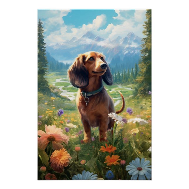 Contemporary Art Dachshund With Blooming Flowers Poster (Front)