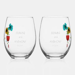 Contemporary Art Noveau Floral Wedding Stemless Wine Glass