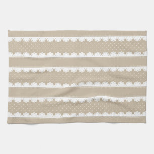 Contemporary Beige White Lace Stripes Pattern Kitchen Towel