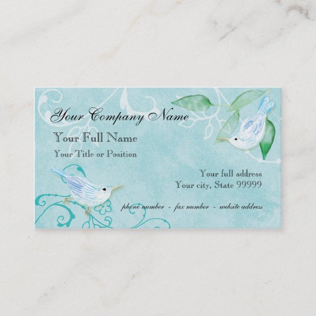 Contemporary Birds 'n Swirls Blue Business Cards (Front)