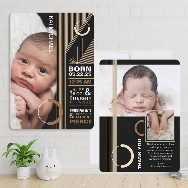 Contemporary Birth Announcement Card (Stylish and modern birth announcement with sleek lines, chic circle accents, and photo slots.)