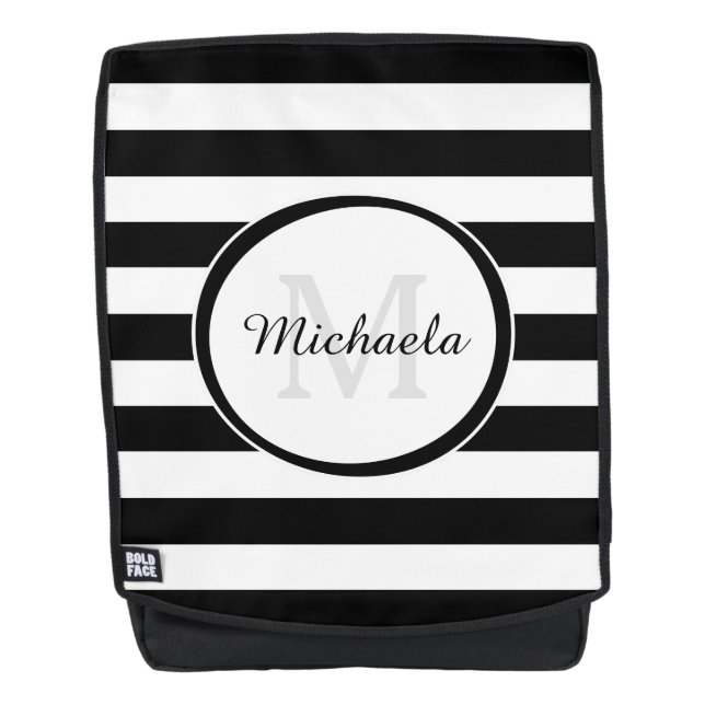 Contemporary Black and White Stripes With Monogram Backpack (Front)