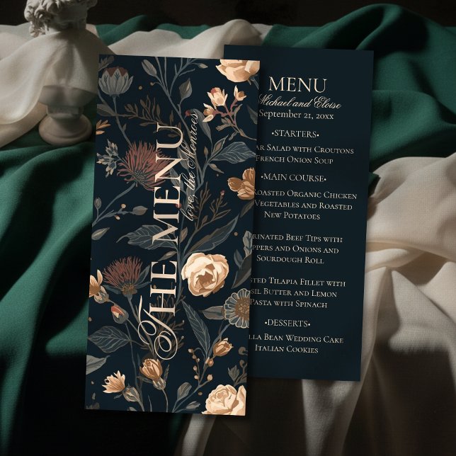 Contemporary Black Floral Wedding Dinner Menu (Elevate your reception table with this Contemporary Black Floral Wedding Dinner Menu! )