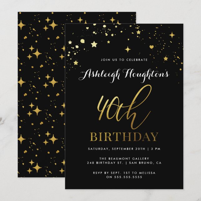 Contemporary Black & Gold Confetti 40th Birthday Invitation (Front/Back)