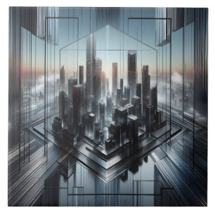 Contemporary Black Grey Metallic Futuristic City Tile