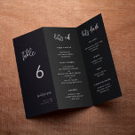 Contemporary Black Menu & Table number trifold<br><div class="desc">Trifold wedding menu & table number: all in one, just fold the paper sheet in 3 to get your standing menu. A bold and trendy typography for your wedding stationery, simple yet elegant with a black and white theme. Fully customizable: you can change the colours of the font and background...</div>