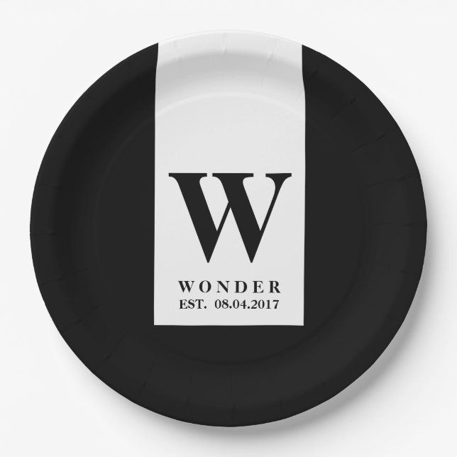 Contemporary Black Monogram | Minimalist Wedding Paper Plate (Front)