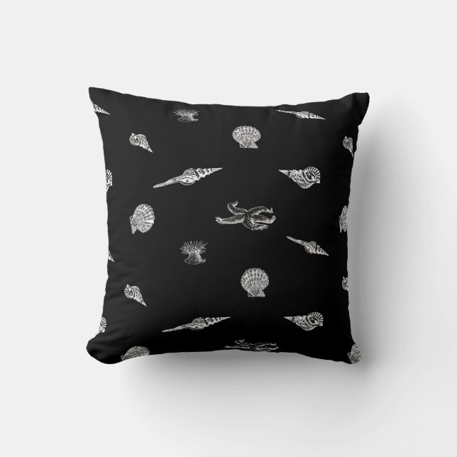 Contemporary Black Seashells and Starfish Pillow (Front)