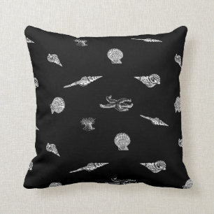 Contemporary Black Seashells and Starfish Pillow