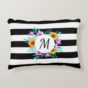 Contemporary Black Stripes Floral Initial Accent Pillow