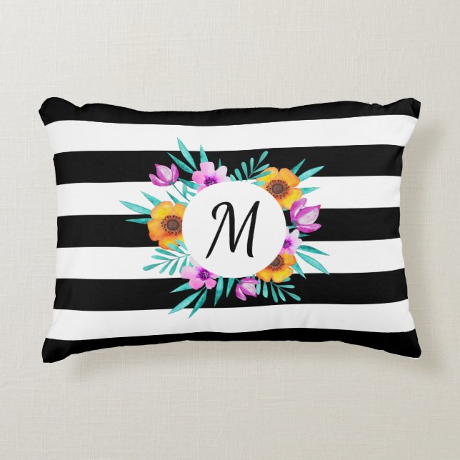 Contemporary Black Stripes Floral Initial Accent Pillow (Front)
