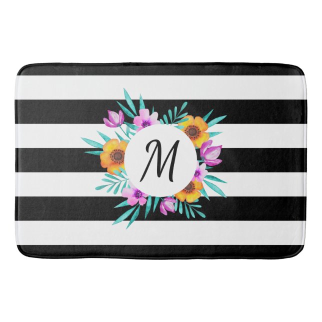 Contemporary Black Stripes Floral Monogram Bath Mat (Front)
