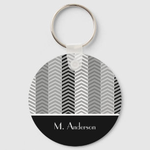 Contemporary Black White Chevron Stripes and Name Keychain