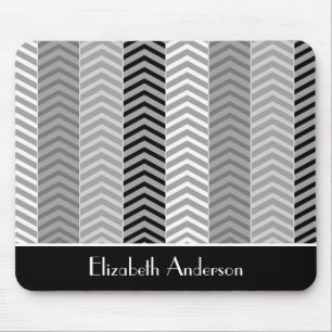 Contemporary Black White Chevron Stripes and Name Mouse Pad